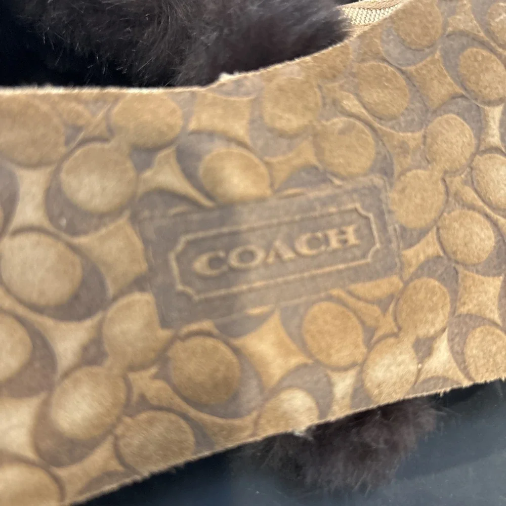 Coach Signature Fur Trim Mule Slippers Women's Brown Logo SlipOn House Shoes Sz5 - Picture 6 of 9